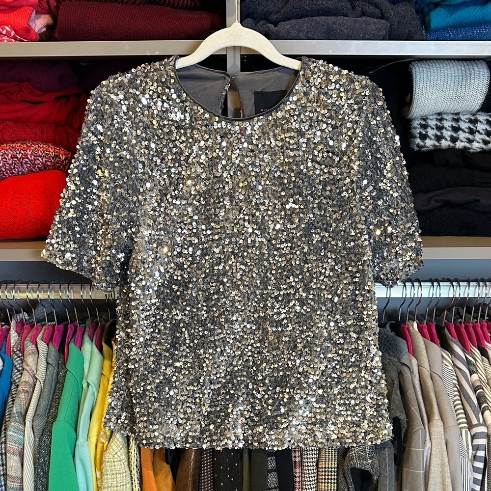 Alex Marie silver sequin short sleeve crew neck lined top size S NWT